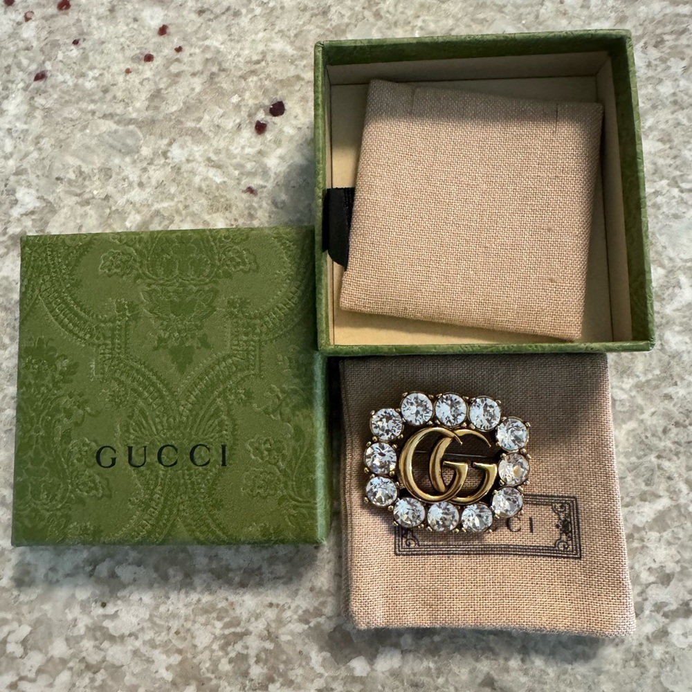 Gucci Gold and Silver Crystal Embellished Brooch